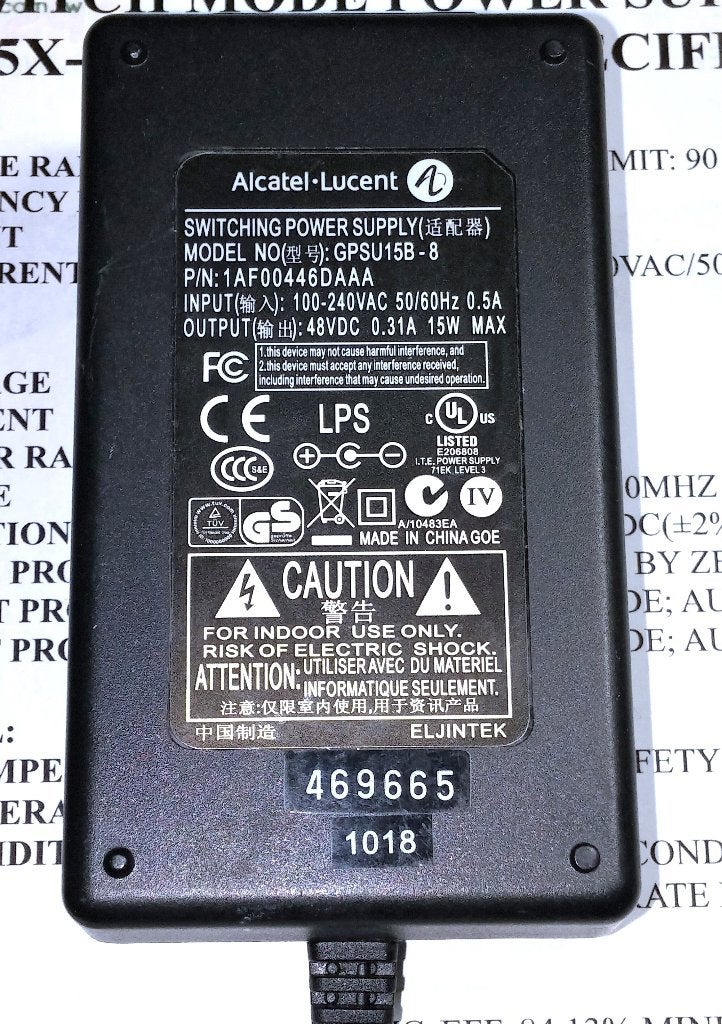 Alcatel-Lucent GPSU15B-8 AF00446DAAA 48V 0.31A 15W Adapter, Ophalen of Verzenden, Zo goed als nieuw, Toebehoren