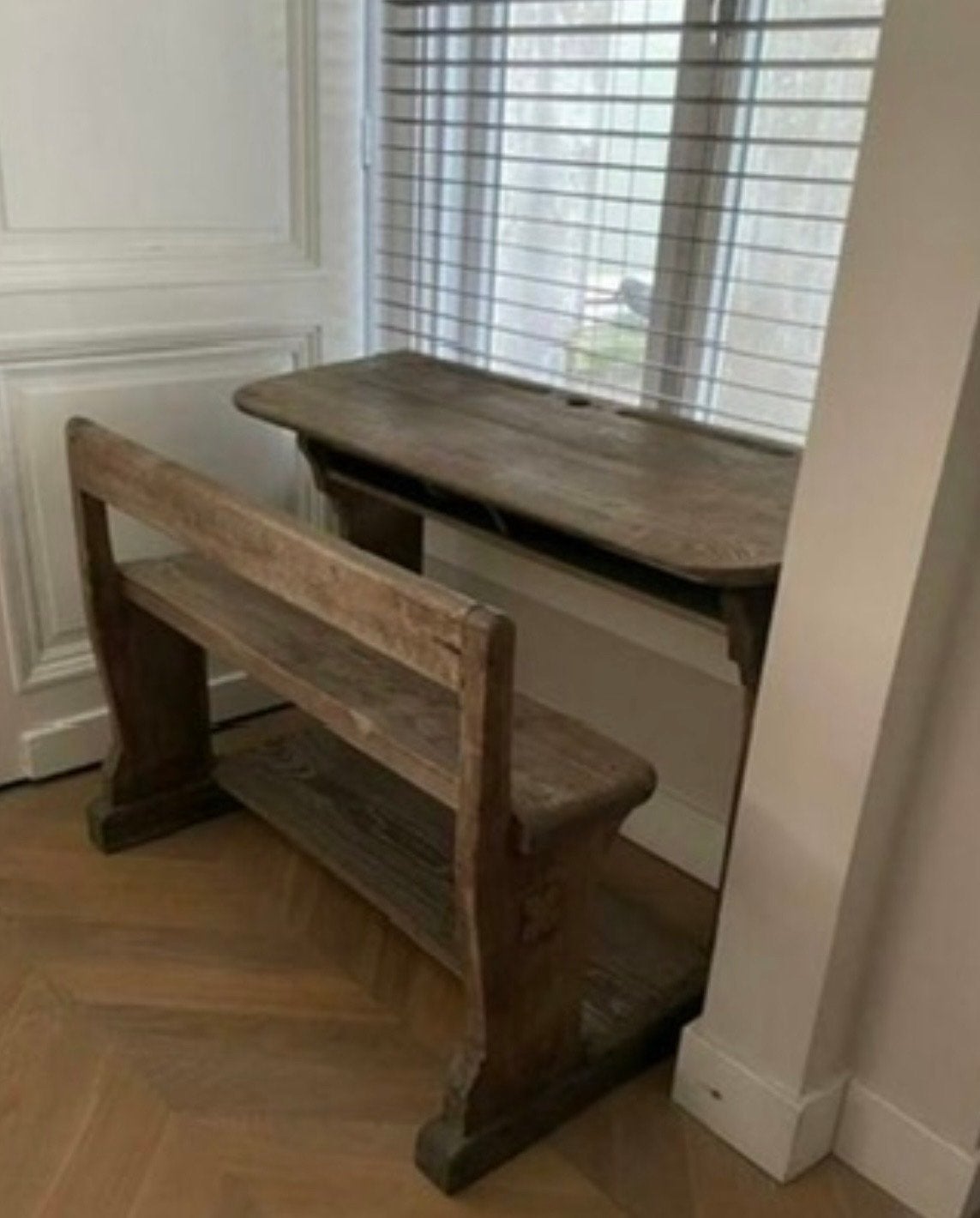 Antieke schoolbank met bankje - Rustiek houten bureau, Ophalen of Verzenden