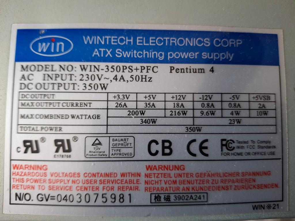 WinTech 350W ATX Voeding - WIN-350PS+PFC, Ophalen of Verzenden