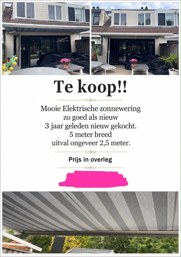 Zonnewering elektrische 5 meter breed, 450 cm of meer, Elektrisch, Ophalen of Verzenden, Zo goed als nieuw
