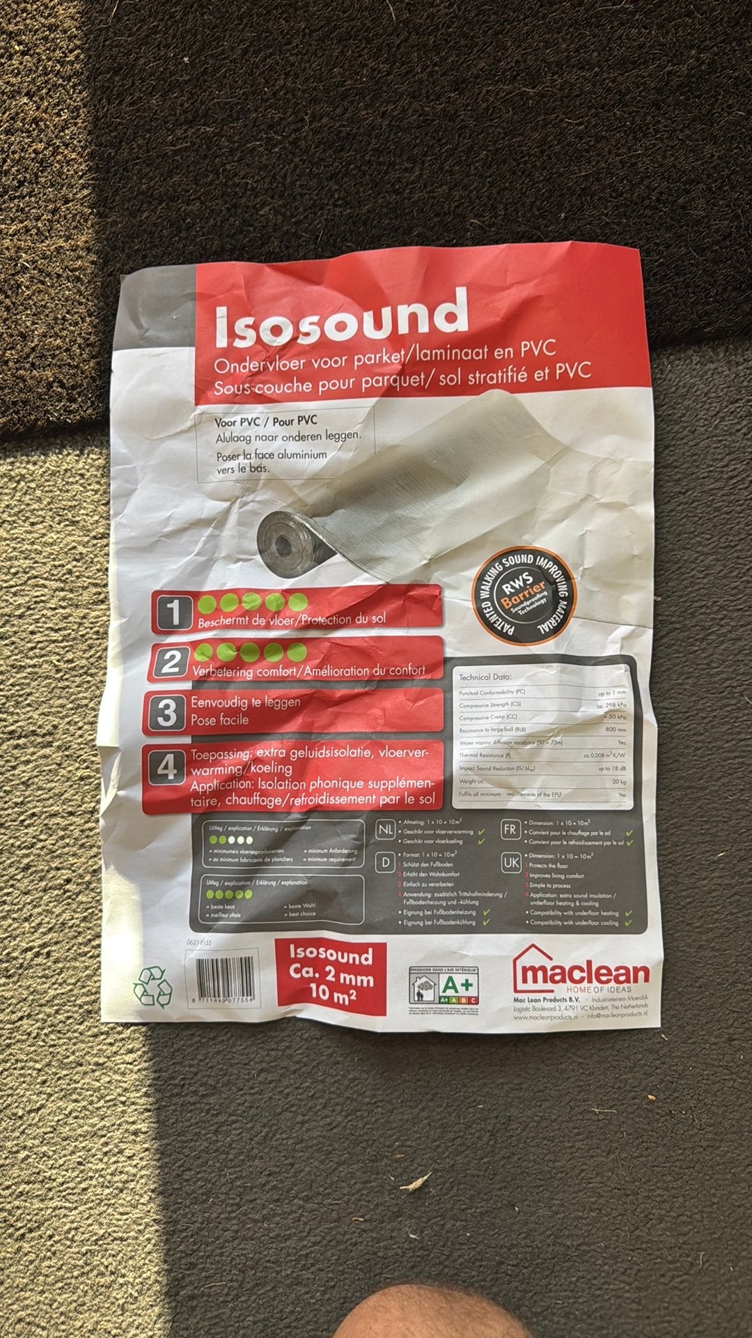Rol 10m2 2mm Isosound ondervloer voor parket & pvc, Ophalen, Nieuw, 15 m² of meer, Folie