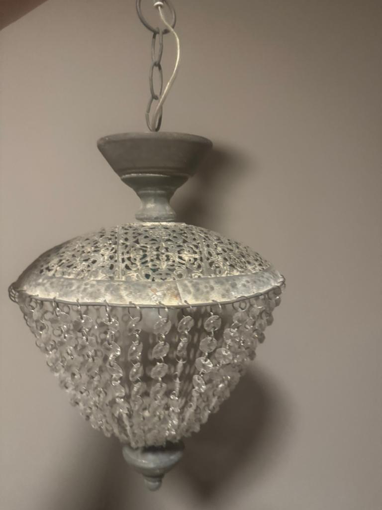 3 stuks Vintage  brocante hanglamp met kristallen, Ophalen, Gebruikt, Metaal