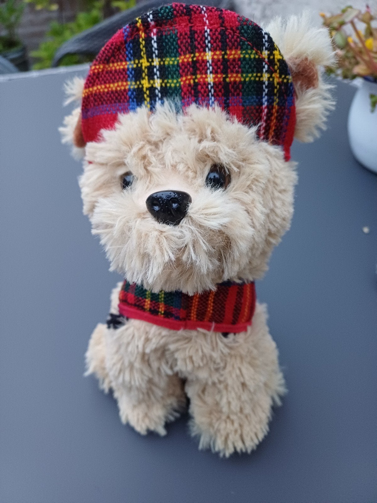 Schattig knuffelhondje met Schotse ruit outfit, Overige merken, Overige karakters, Zo goed als nieuw, Middelgroot (20 tot 80 cm)