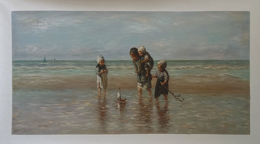 Olieverf replica Jozef Israels: kinderen der zee, Antiek en Kunst, Verzenden, Olieverf, Portret of Personen, Doek