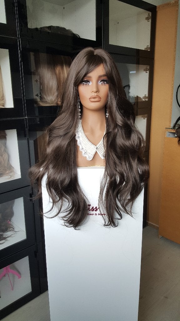 Pruik Pony/Lok: Gemêleerd Donker Bruin - Lang - Slag, Ophalen of Verzenden, Nieuw, Pruik of Haarverlenging
