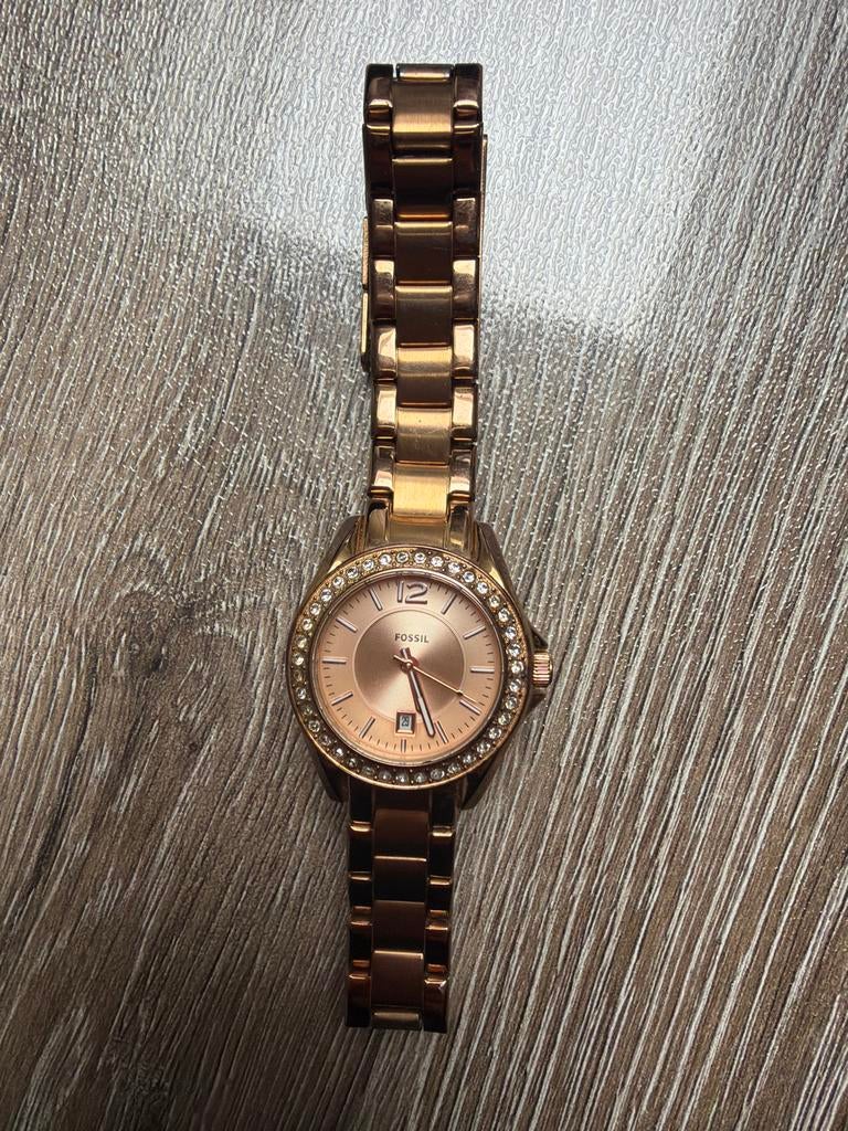 Fossil Dameshorloge Roségoud met Strass, Sieraden, Tassen en Uiterlijk, Horloges | Dames, Staal, Fossil, Polshorloge, Ophalen of Verzenden