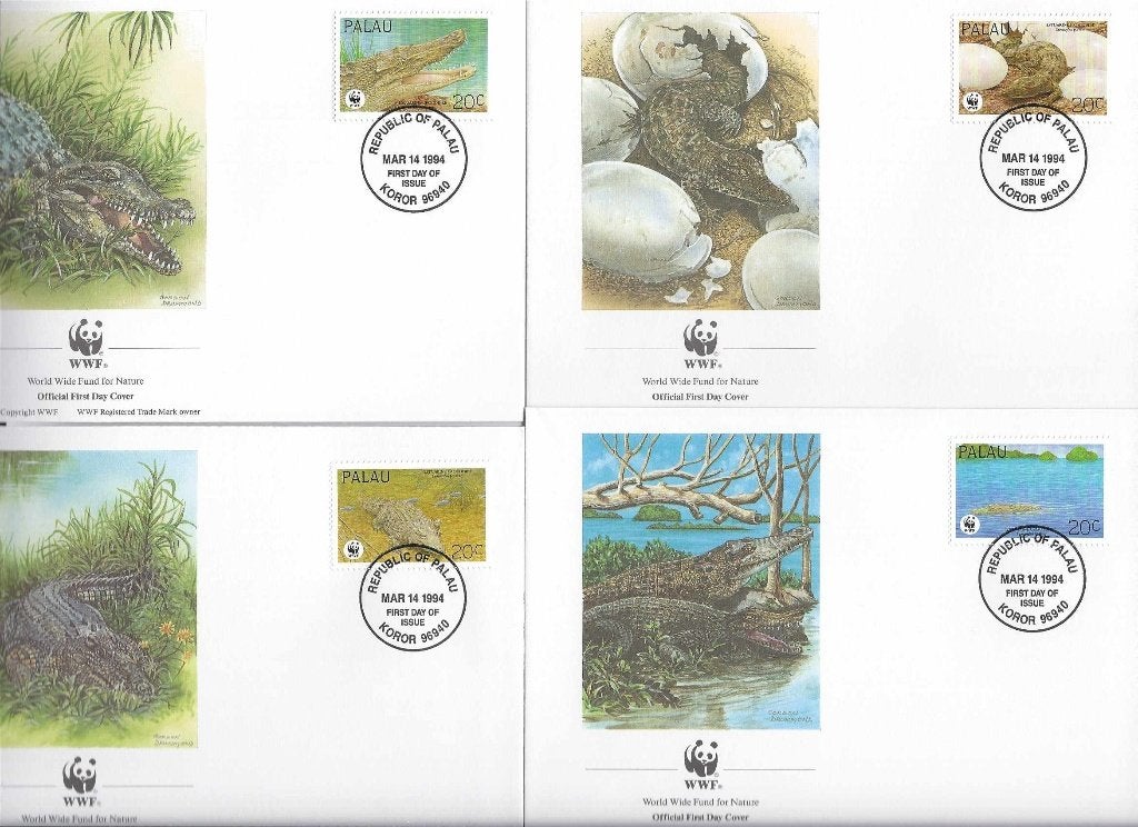 wwf wnf Palau krokodil reptielen 1994 4fdc bedreigde diers., Ophalen of Verzenden, Postfris, Dier of Natuur