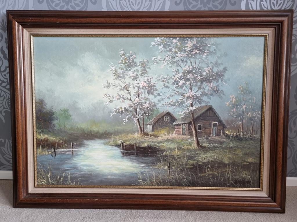 Origineel Schilderij: Lentelandschap met Bloesembomen, Antiek en Kunst, Ophalen