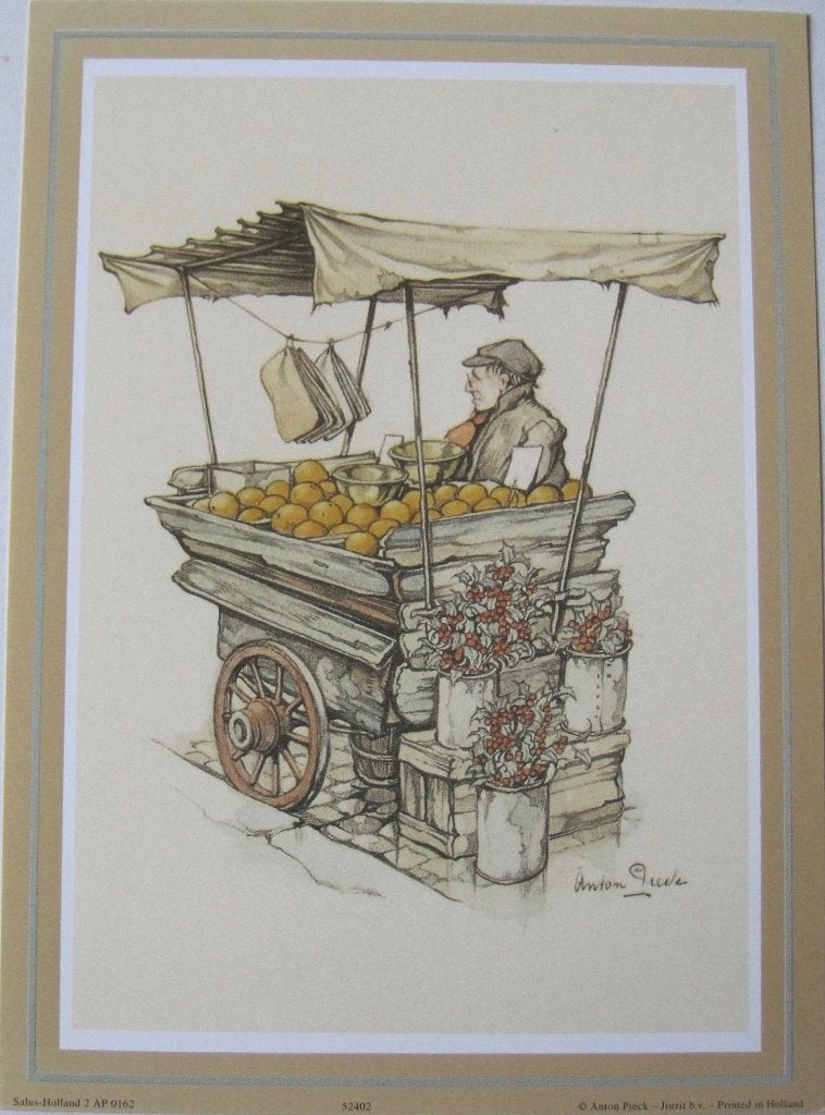 Anton Pieck prent - verkoper achter de fruitkar, Verzamelen, 1980 tot heden, Ophalen of Verzenden, Zo goed als nieuw, Prent