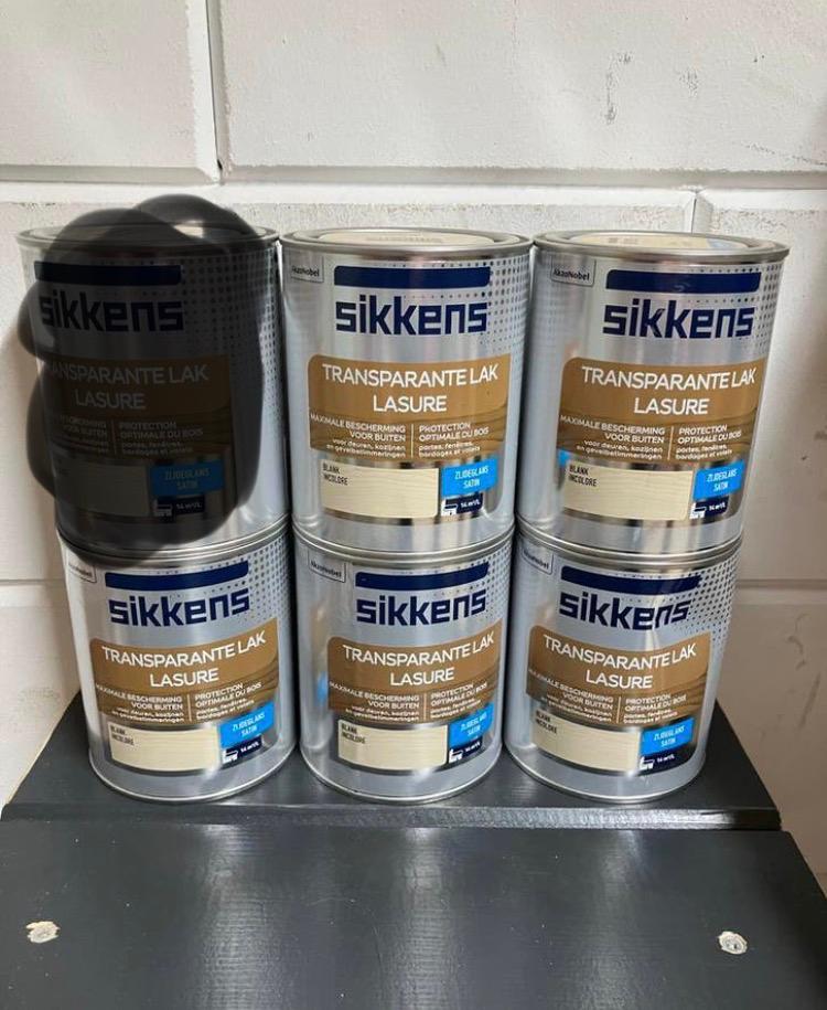 5 blikken 0,75L Sikkens lak buitenlak transparant zijdeglans, Overige kleuren, Nieuw, Ophalen of Verzenden, Lak