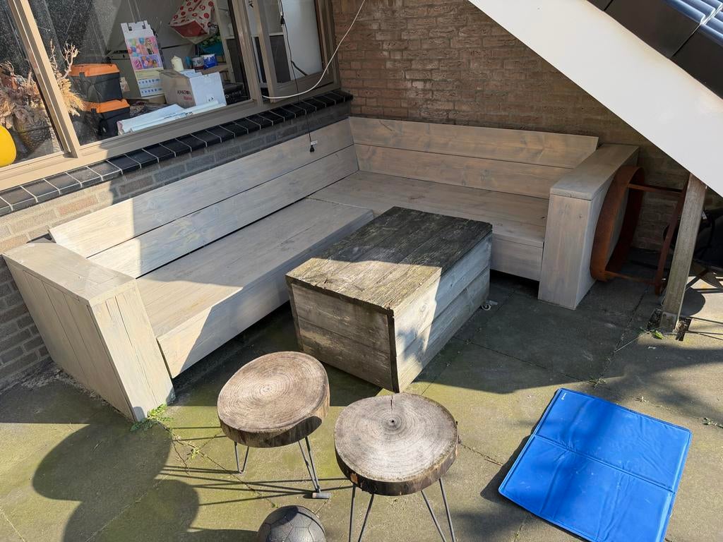 Steigerhouten hoekbank met tafel, Tuin en Terras, Ophalen, 5 zitplaatsen, Gebruikt, Steigerhout