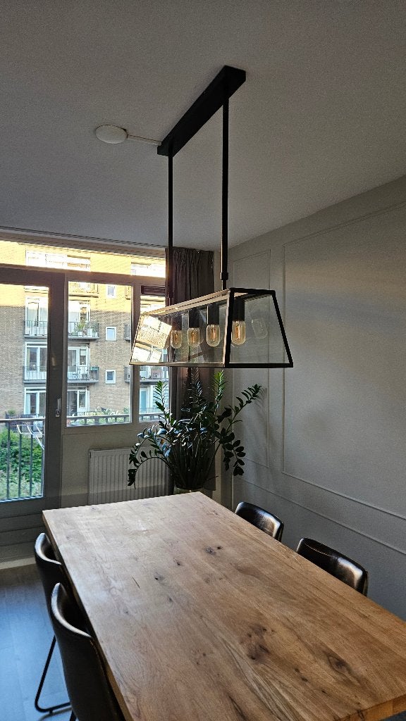 Hanglamp Karwei - Zwart met glas, verstelbaar, Ophalen, Glas, E27 (groot), Zo goed als nieuw