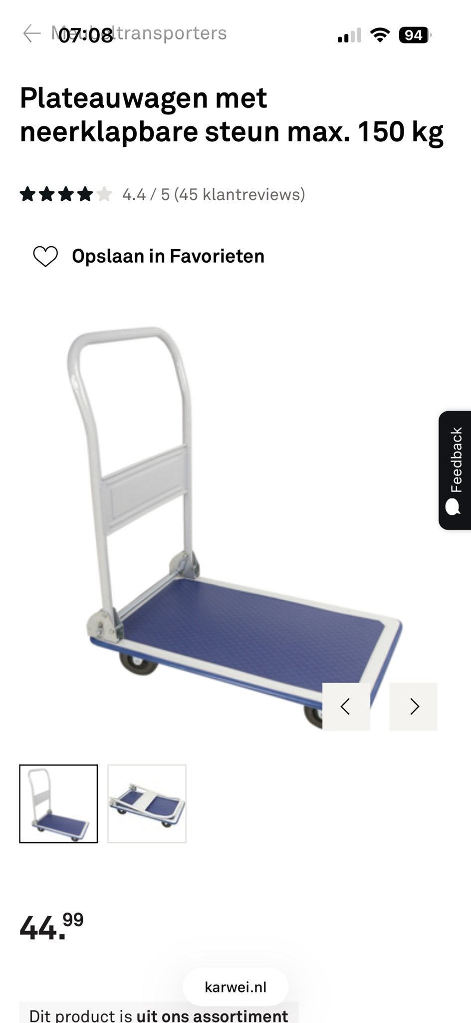Plateauwagen met neerklapbare steun - max. 150 kg, Ophalen of Verzenden, Zo goed als nieuw, Transportkar