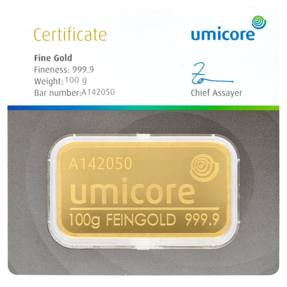 Umicore Goudbaar 100 gram 999.9 Fijngoud met Certificaat, Postzegels en Munten, Edelmetalen en Baren, Ophalen of Verzenden, Goud