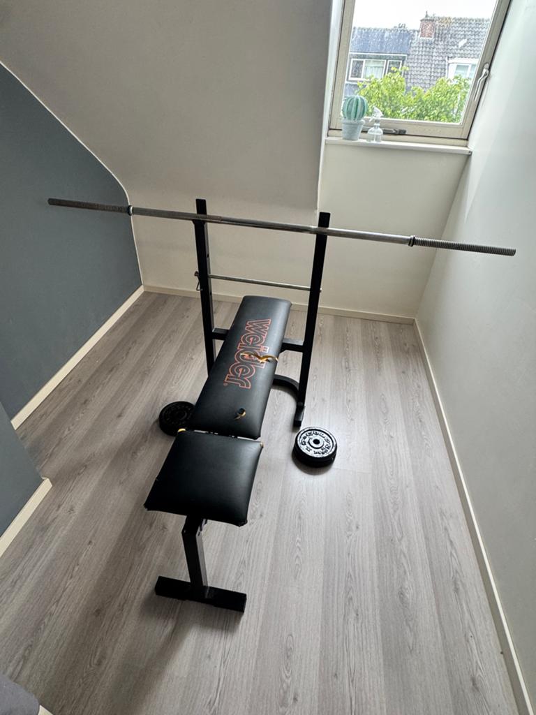 Halterbank Weider met stang en Golds Gym gewichten, Ophalen, Gebruikt, Borst, Halterset