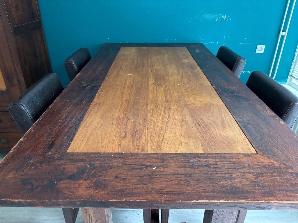 Robuuste bartafel met 4 leren barstoelen, Ophalen of Verzenden, Gebruikt, Inclusief barstoelen