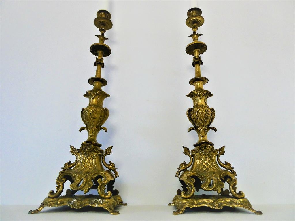 2 Unieke grote bronzen kandelaars kandelaar met 2 vissen, Ophalen of Verzenden, Koper of Brons