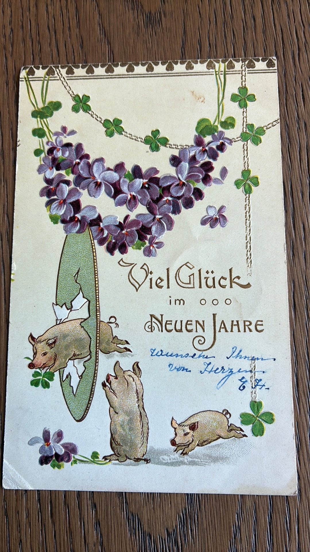 Nieuwjaar.Reliefkaart.Klaver.Varkentje springt door hoepel.., Ophalen of Verzenden, Voor 1920, Gelopen