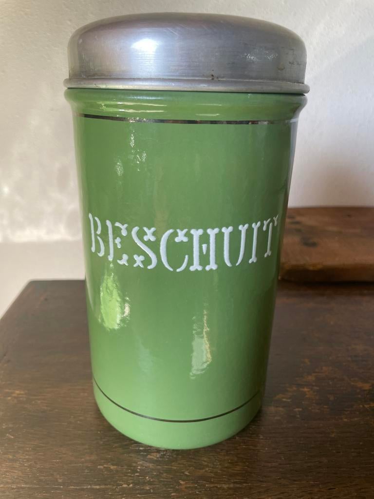 Prachtige hoge resedagroene beschuitbus BK, Antiek en Kunst, Antiek | Emaille, Ophalen of Verzenden