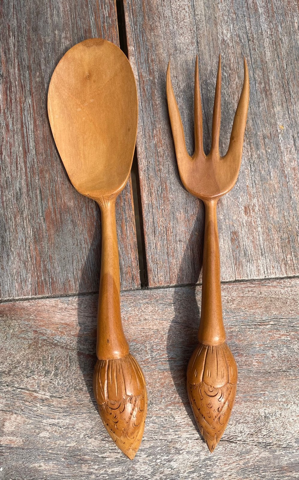 Handgesneden houten sla-bestek/sla-couvert, Gebruikt, Bestekset, Ophalen of Verzenden, Slabestek