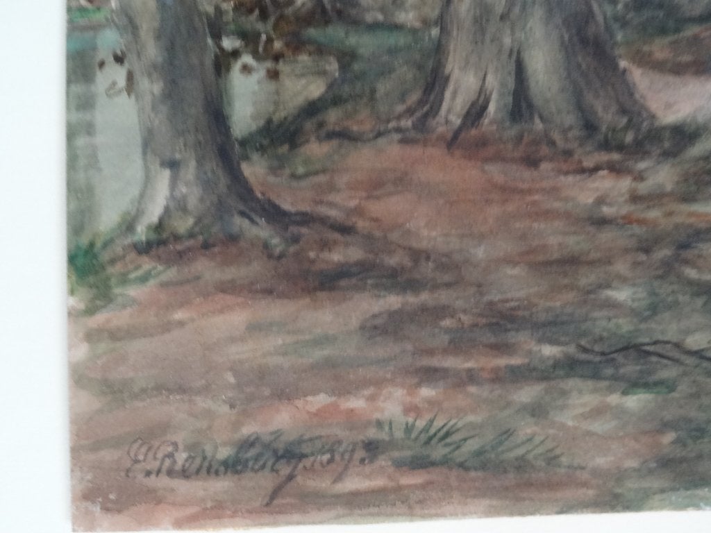 aquarel boszicht gesigneerd Eugène Rensburg 1893, Origineel werk, Ophalen of Verzenden, Landschap, Klassiek