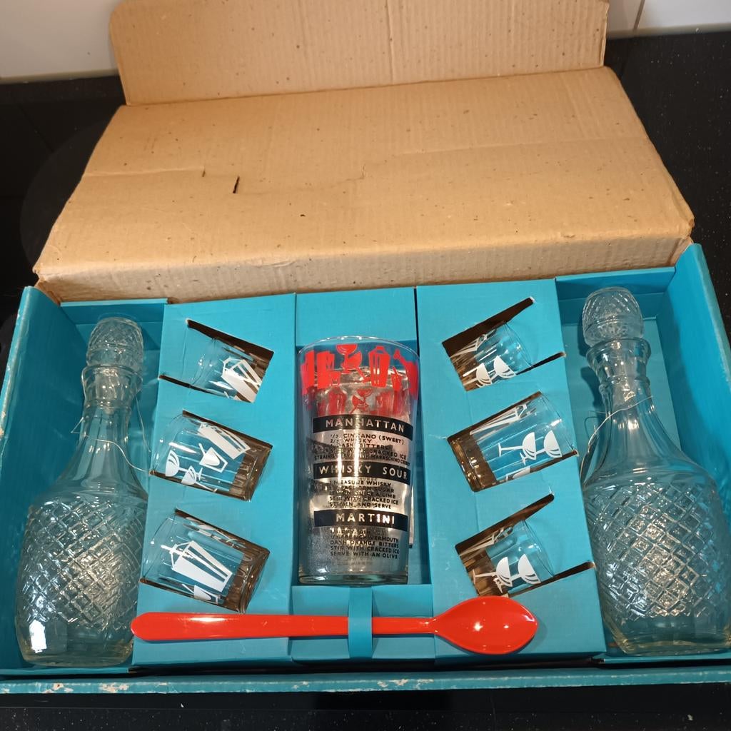 Vintage cocktailset met karaf en glazen, Ophalen of Verzenden, Meerkleurig, Overige merken, Glas