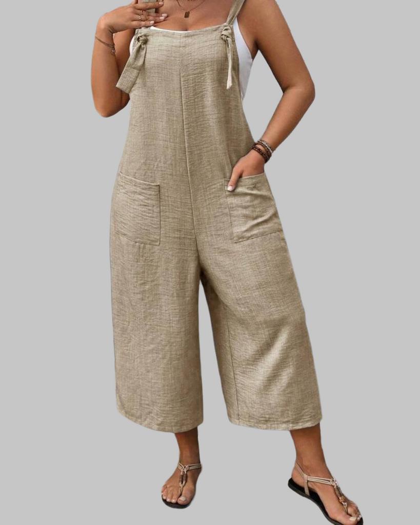 Comfortabele Beige Jumpsuit met Wijde Pijpen (44-52), Verzenden, Nieuw, Beige, Broek of Spijkerbroek