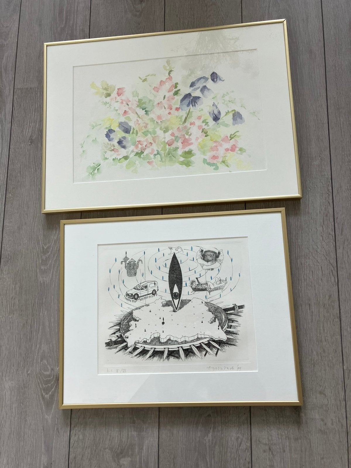 2 goudkleurige aluminium  lijsten aquarel en ets, Antiek en Kunst, Ophalen of Verzenden