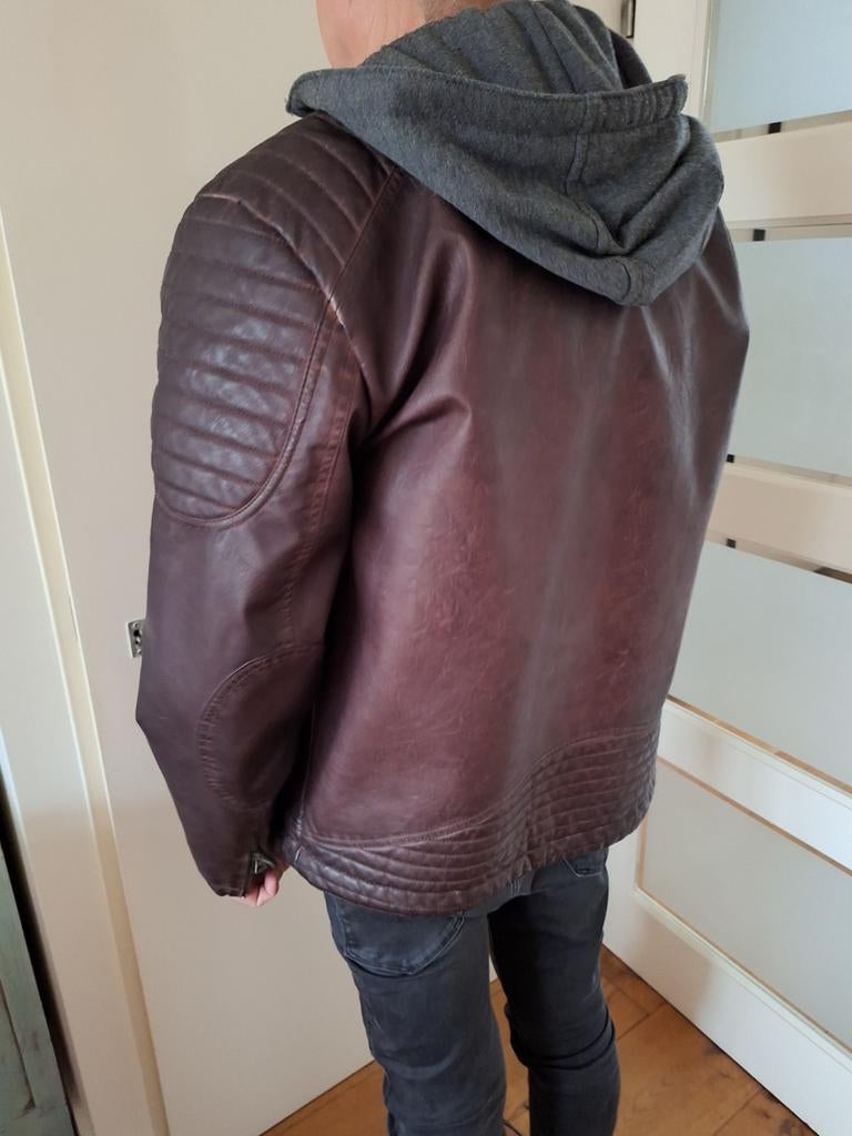 Heren leren jas met capuchon - Bruin, Kleding | Heren, Jassen | Winter, Maat 52/54 (L), Ophalen of Verzenden, Gedragen, Onbekend