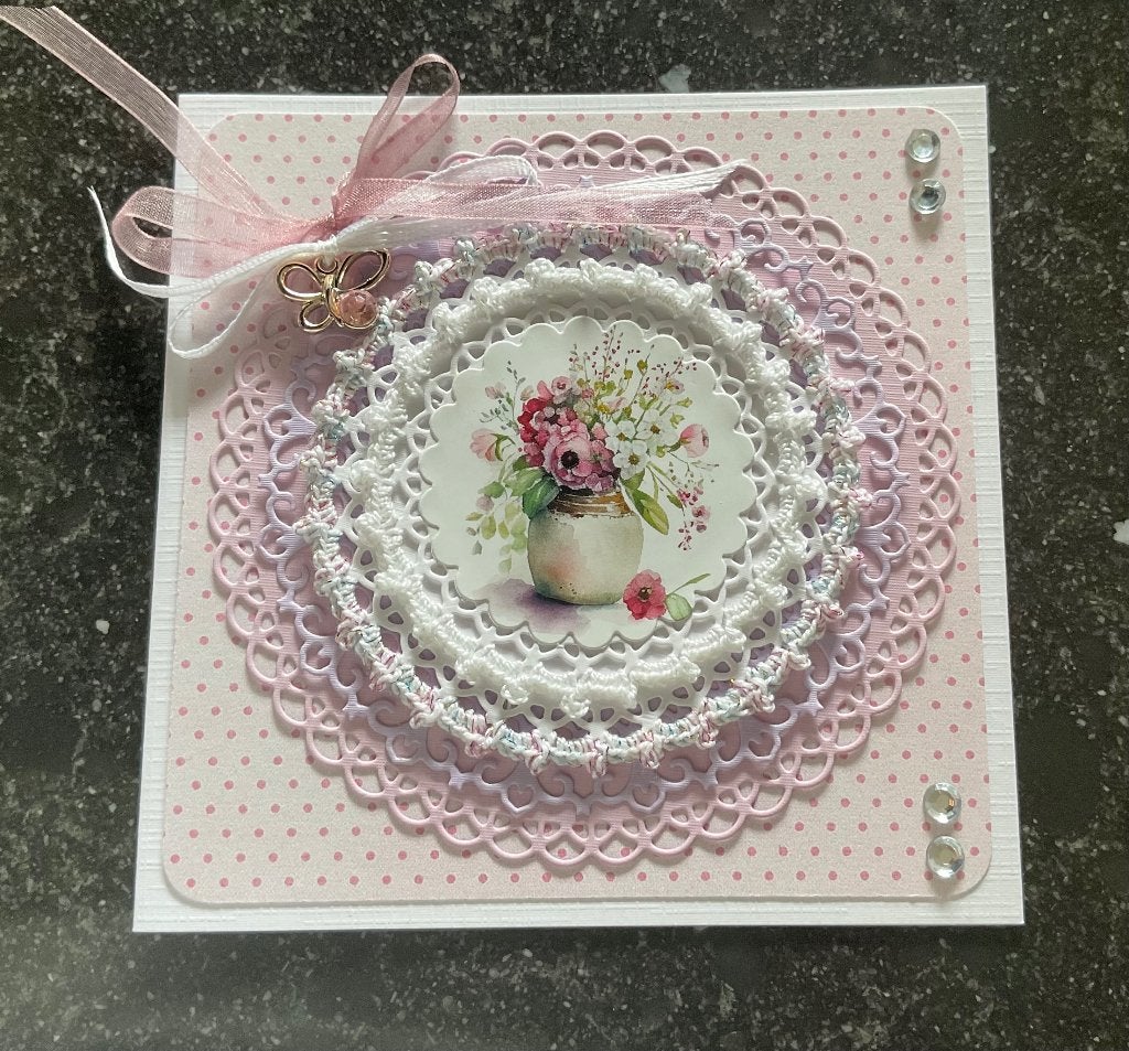 Nr 41 wenskaart met haakwerk Bloemen, Hobby en Vrije tijd, Verzenden, Nieuw, Overige thema's