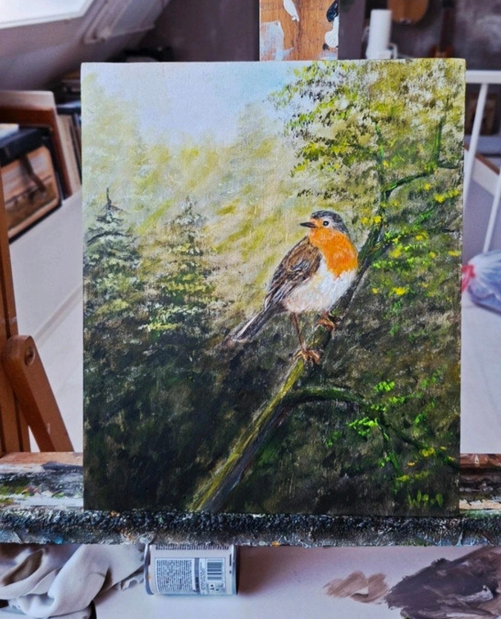 Schilderij Roodborstje in het bos, Antiek en Kunst, Doek, Realistisch, Dieren, Ophalen of Verzenden