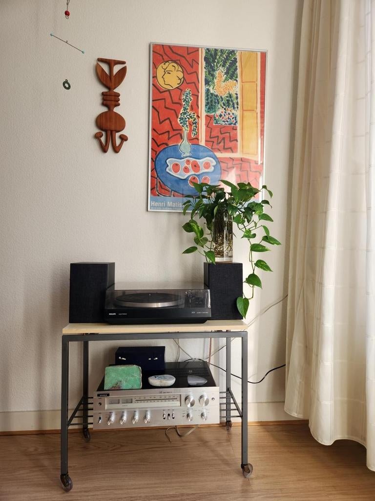 Vintage bijzettafel op wielen - Hout en Metaal, Gebruikt, Industrieel, Modern, 55 tot 75 cm, Rechthoekig