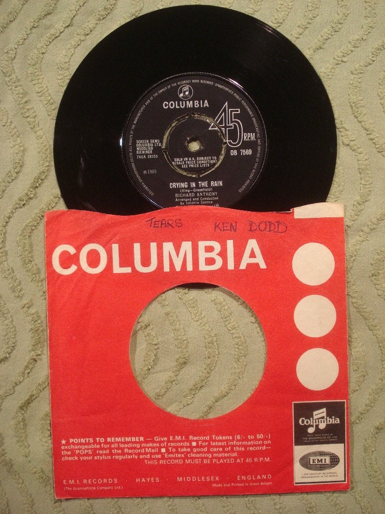 Richard Anthony 7" Vinyl Single: ‘Crying in the rain’ (UK), Ophalen of Verzenden, Zo goed als nieuw, 7 inch, Pop
