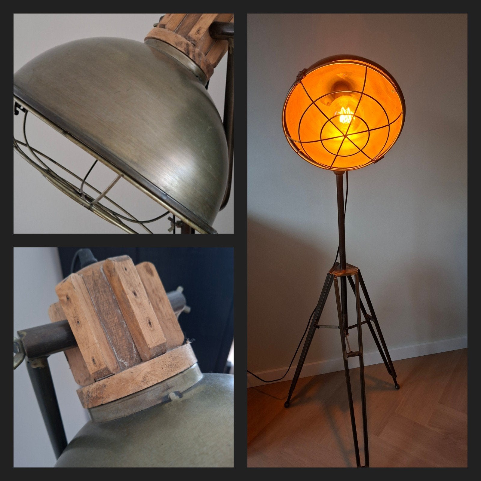Vloerlamp messing hout - Industriële driepoot lamp, Huis en Inrichting, Lampen | Vloerlampen, Ophalen, Gebruikt, E27 (groot), Industrieel, Vintage