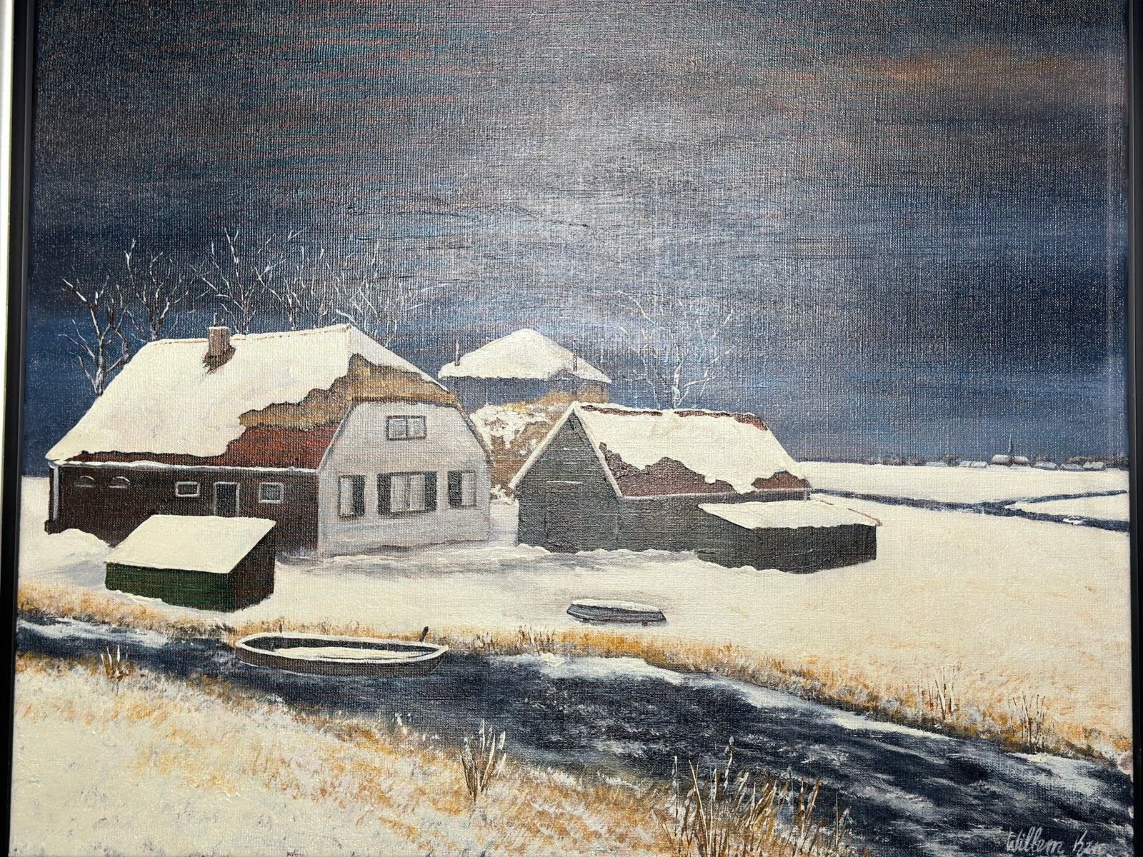 Prachtig Hollands winterlandschap – Willem Vloon (2009), Antiek en Kunst, Ophalen, Landschap, Olieverf, Doek