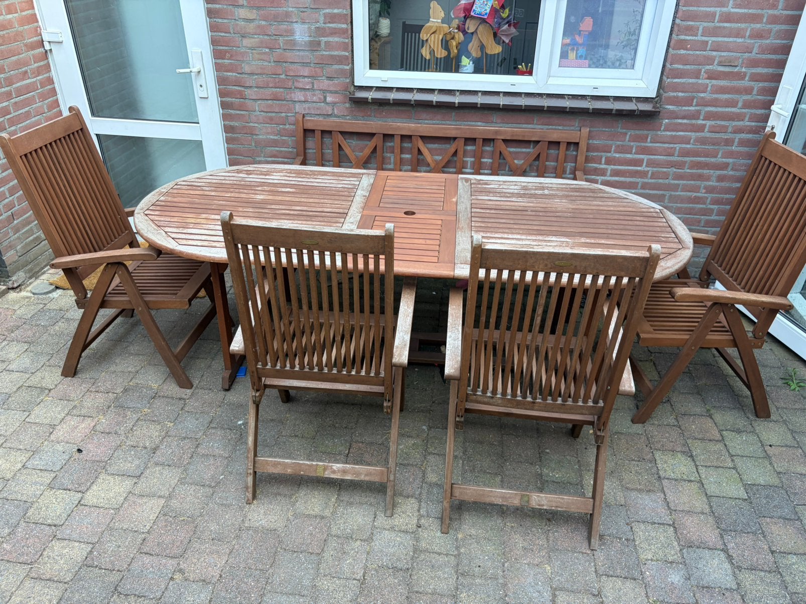 Tuinset 1x bank  4 x stoelen hout tafel uitschuifbaar, Tuin en Terras, Ophalen, Gebruikt, Bank, 7 zitplaatsen