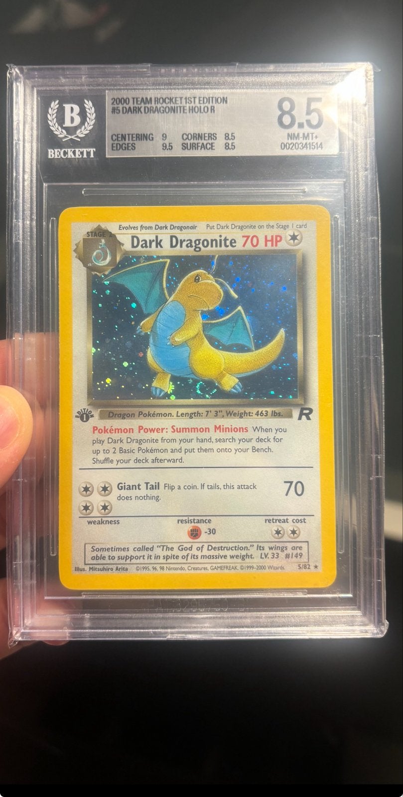 Dark Dragonite 1st Edition Holo BGS 8.5 Pokémon Kaart, Ophalen, Zo goed als nieuw, Losse kaart, Foil