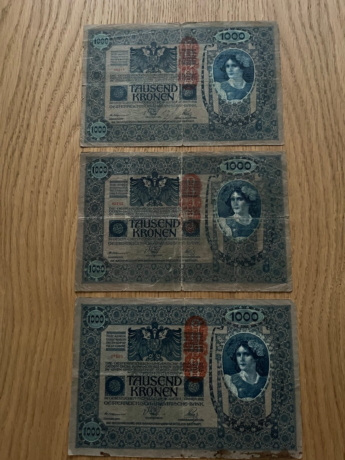 3x Oostenrijkse 1000 Kronen biljetten (1902), Postzegels en Munten, Ophalen of Verzenden, Oostenrijk, Setje