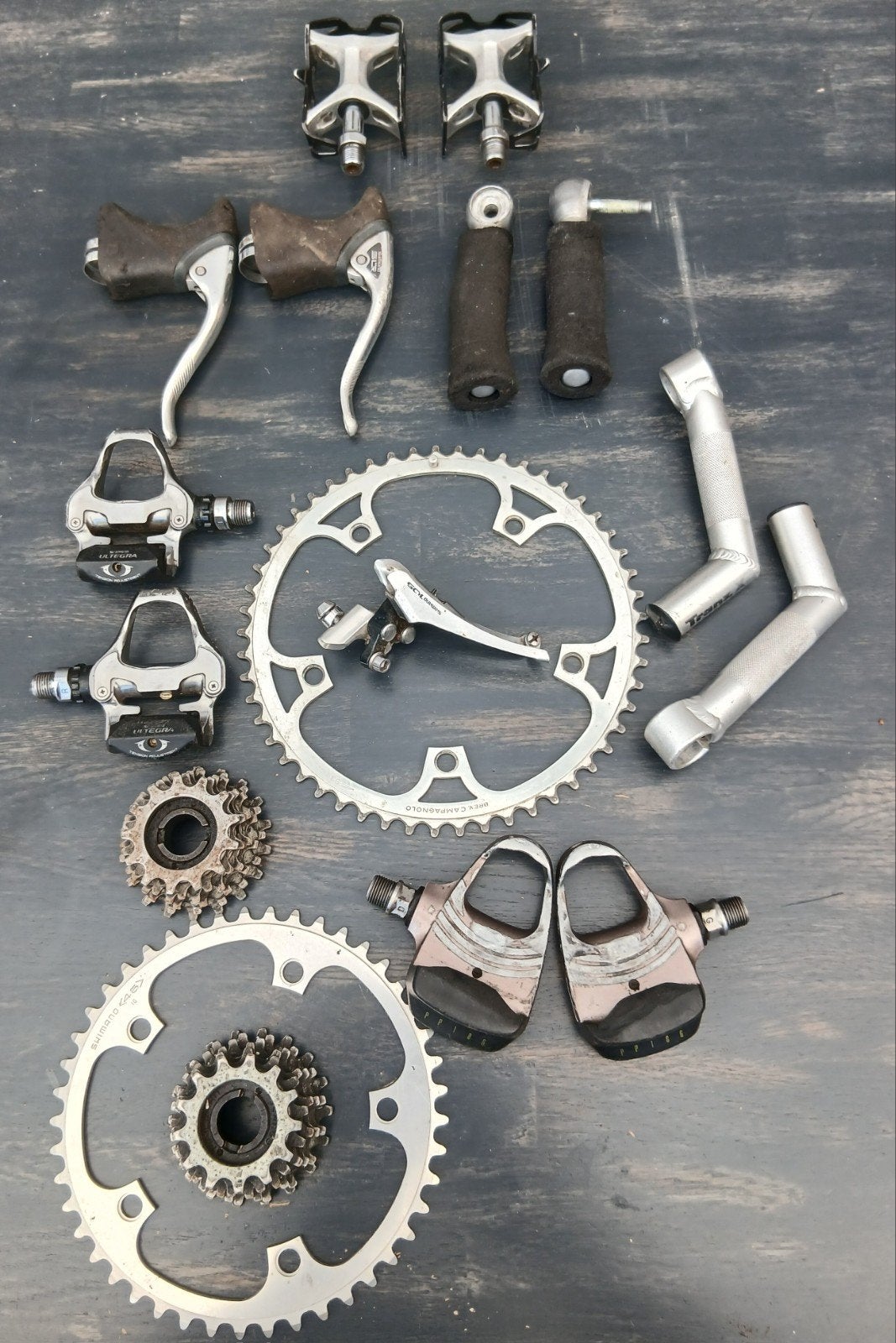 Diverse fietsonderdelen: pedalen, kettingbladen, remmen, Gebruikt, Shimano, Campagnolo, Overige typen, Ophalen of Verzenden
