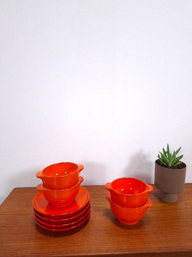 Vintage set 4x keramiek oranje bord soepkom Wisterling, Overige merken, Keramiek, Vintage, Ophalen of Verzenden
