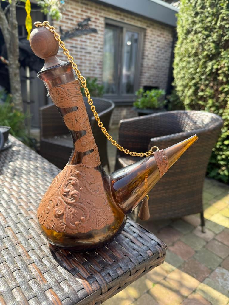 Antieke porron van glas en leer, Ophalen of Verzenden