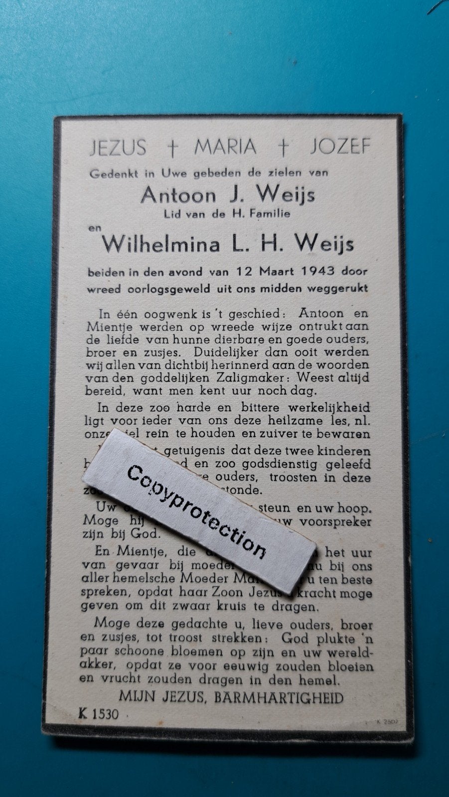 Antoon en Wilhelmina Weijs, +Horst 1943 , oorlogsgeweld, Verzenden, Bidprentje