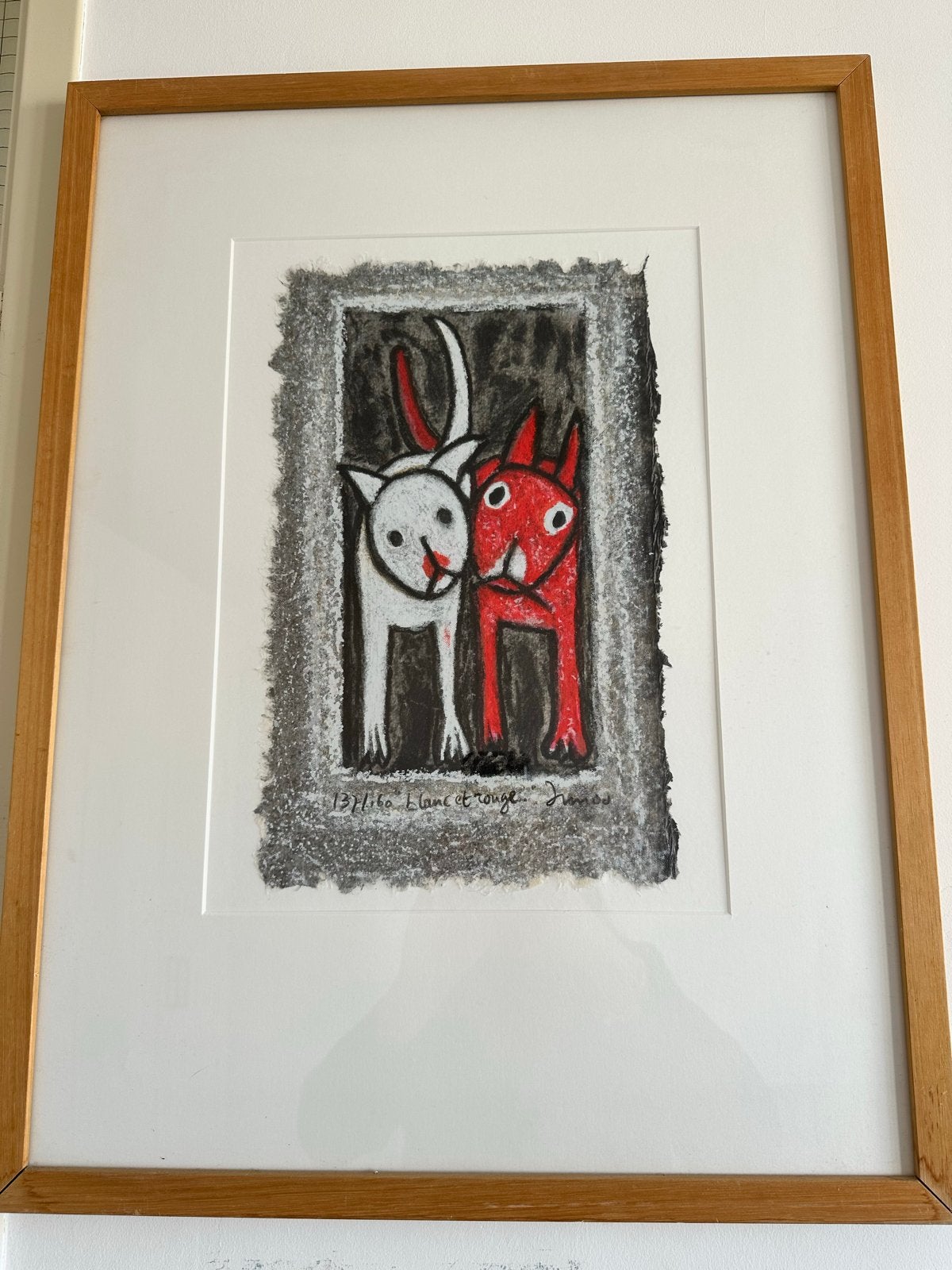 Lito Blanc et Rouge - Ingelijste tekening van twee katten, Antiek en Kunst, Ophalen, Tekening, Gemengde techniek, Gesigneerd