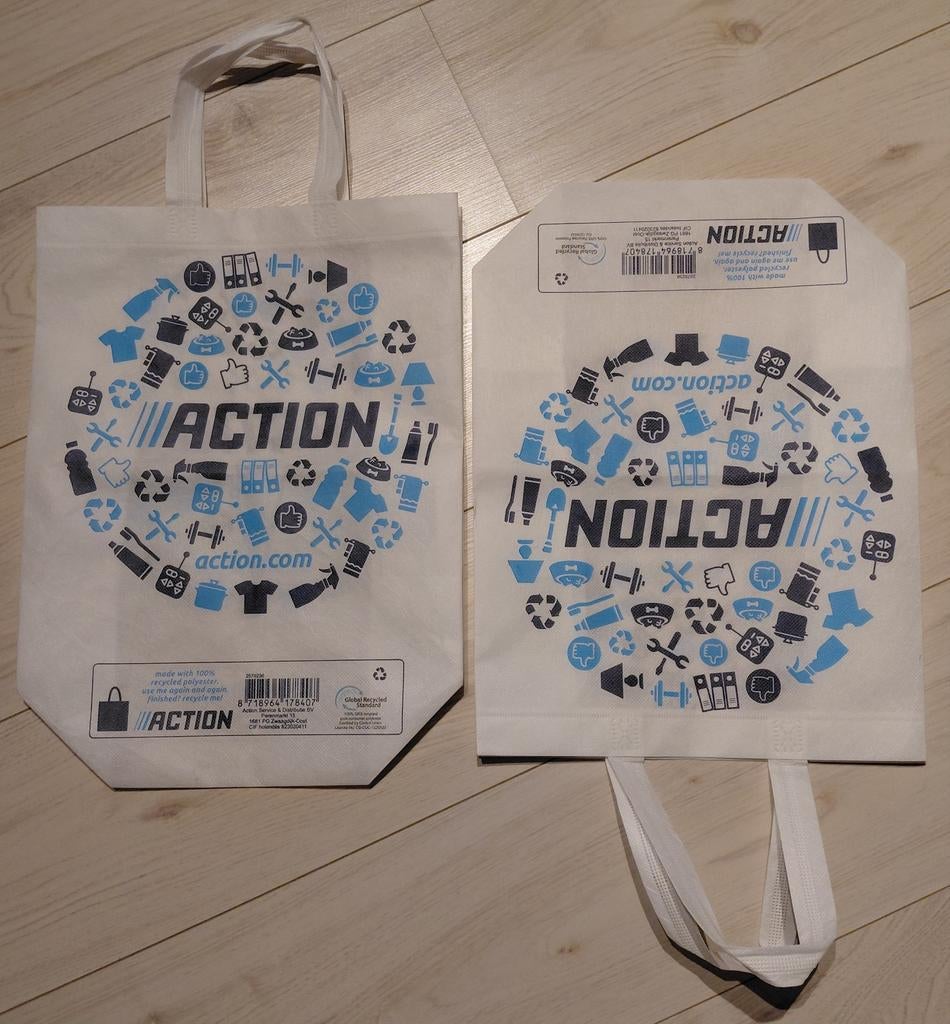 2 Action Tassen - Handige en Duurzame Boodschappentassen, Wit, Minder dan 40 cm, Minder dan 35 cm, Zo goed als nieuw