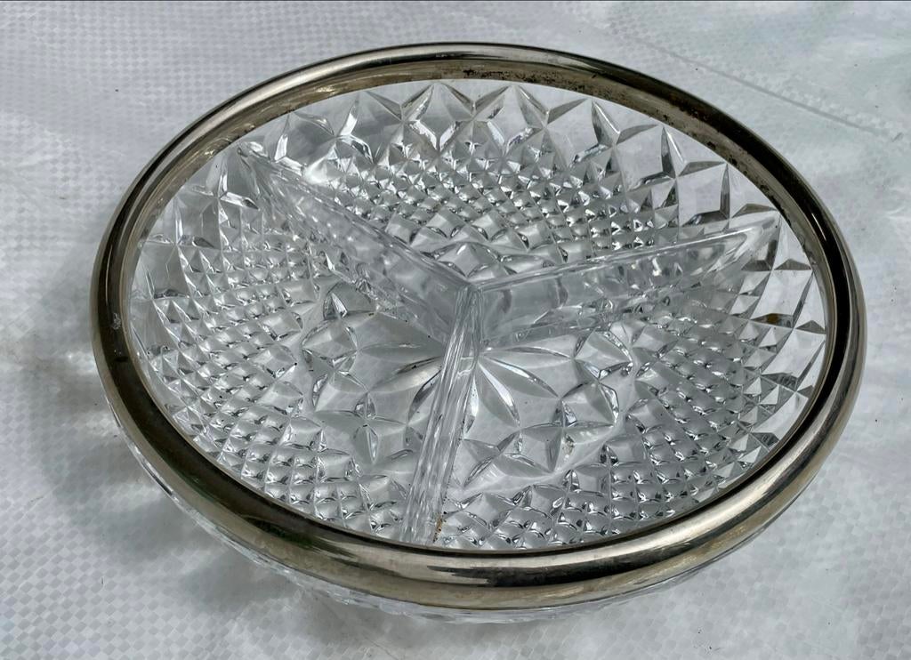 Vintage Kristallen Serveerschaal met Verzilverde Rand, Antiek en Kunst, Antiek | Glas en Kristal, Ophalen of Verzenden