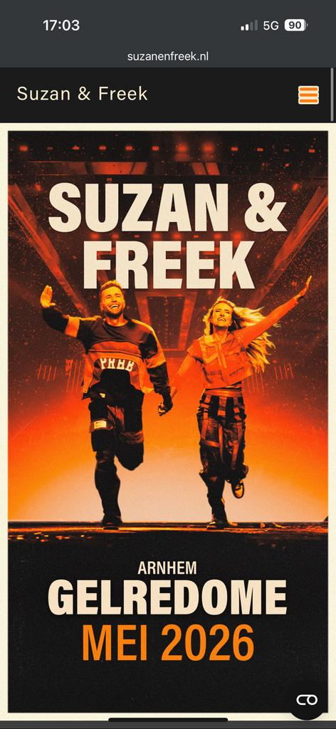 SUZAN & FREEK VRIJDAG 15 MEI STAANPLAATSEN €120.- per kaart, Twee personen