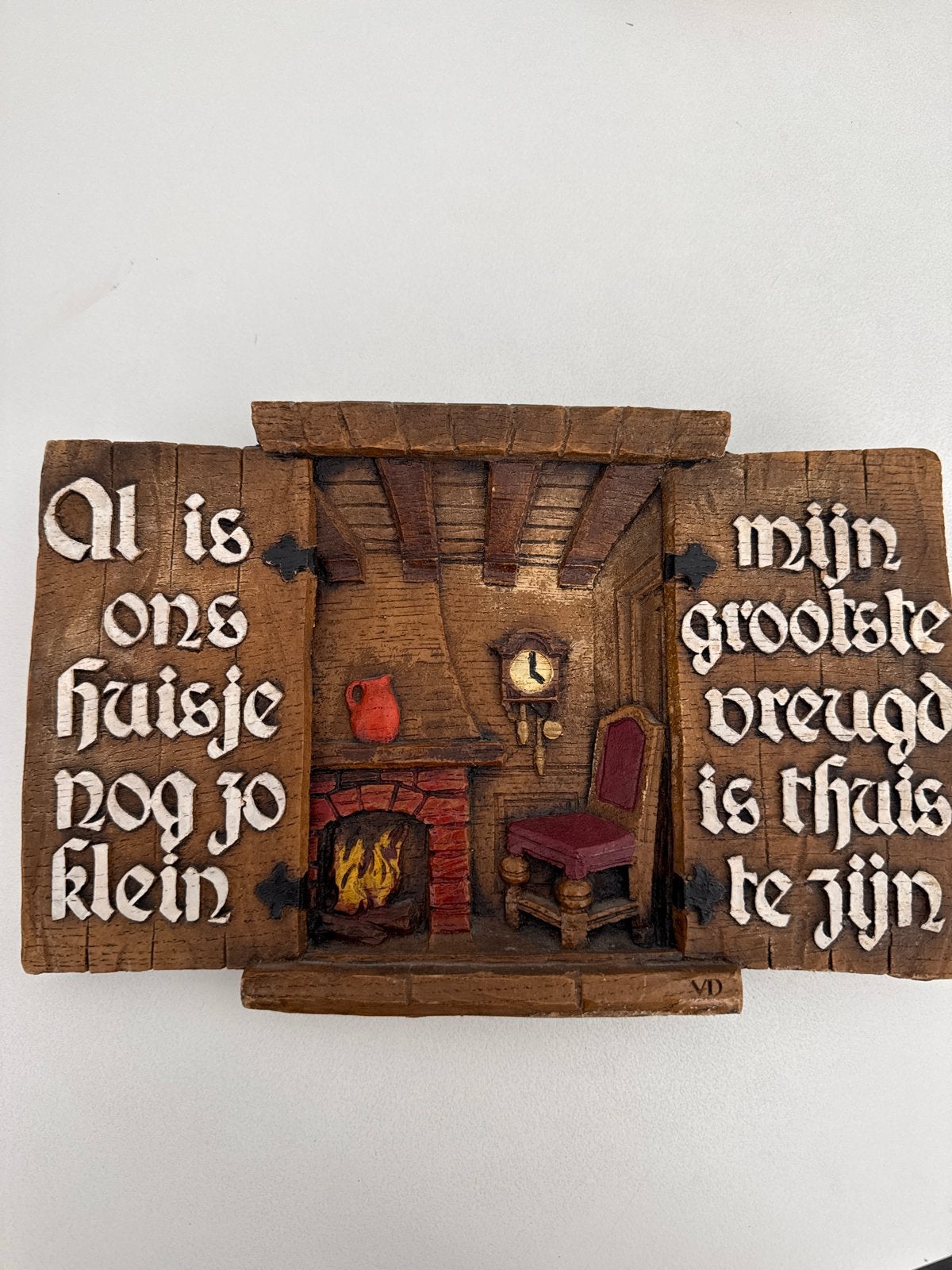 Antieke Houten Wandversiering met Spreuk en Interieurscène, Antiek en Kunst, Ophalen
