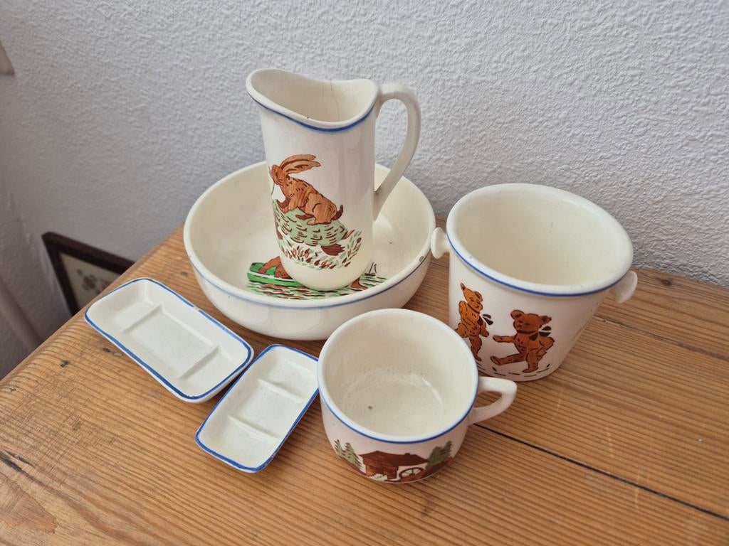 Antiek kinderservies met dieren en huisjes, Ophalen of Verzenden