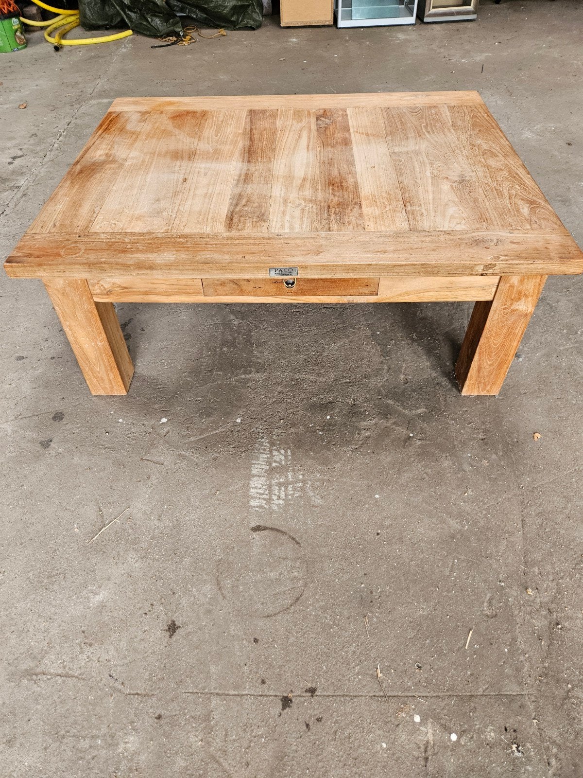 Robuuste Teakhouten Salontafel, Ophalen, Gebruikt, 100 tot 150 cm, Teakhout