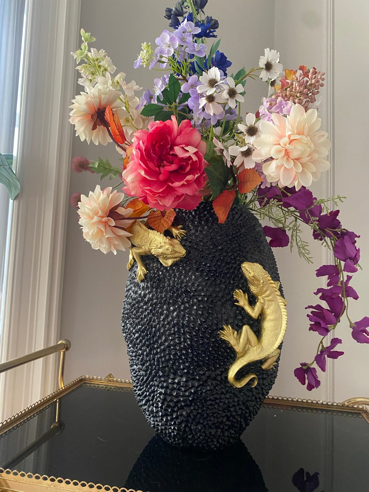 Kare vaas met kameleons - Prachtige eyecatcher!, Huis en Inrichting, Ophalen of Verzenden, Zo goed als nieuw, Zwart, 39 cm